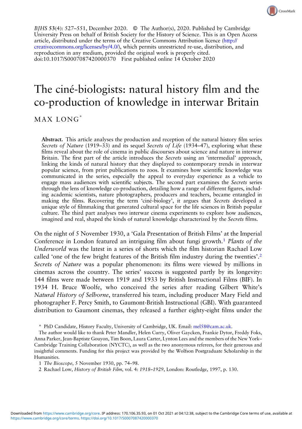 The Ciné-Biologists: Natural History Film and the Co-Production Of