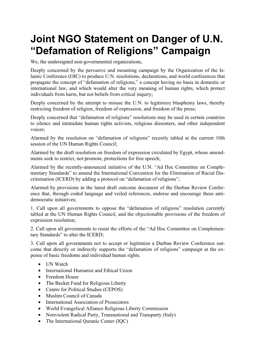 Joint NGO Statement on Danger of U.N