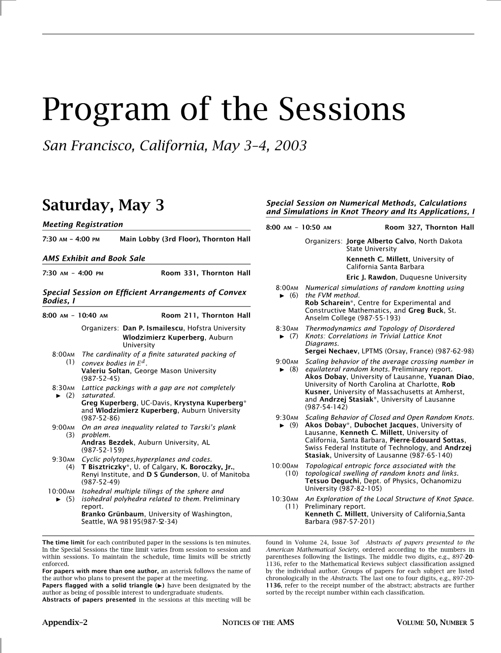 Program of the Sessions, San Francisco, CA