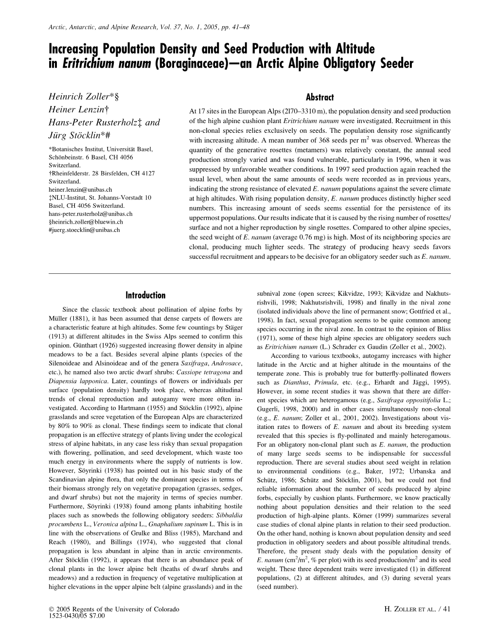 Increasing Population Density and Seed Production with Altitude in Eritrichium Nanum (Boraginaceae)—An Arctic Alpine Obligatory Seeder