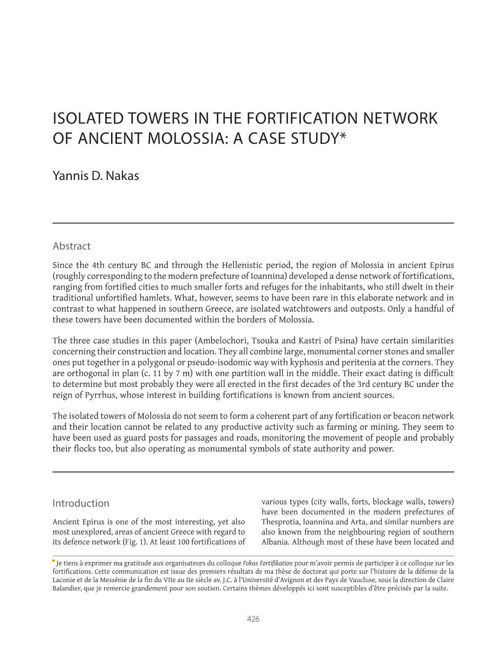 Isolated Towers in the Fortification Network of Ancient Molossia: a Case Study*