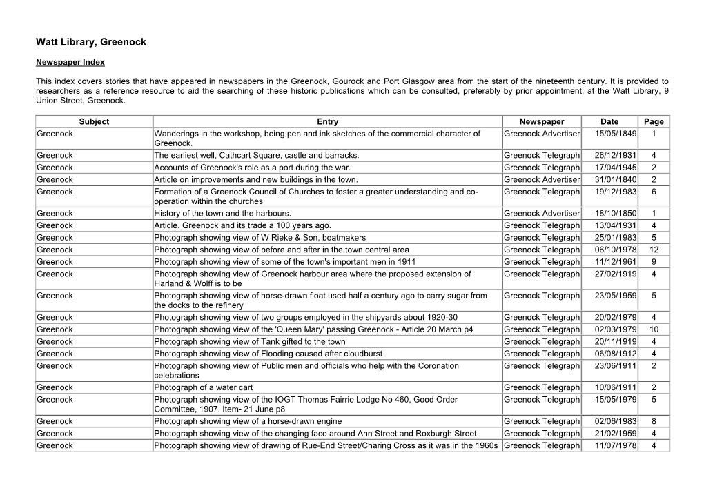 Newspaper Index Greenock