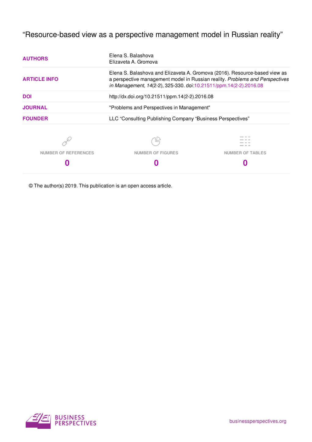 Resource-Based View As a Perspective Management Model in Russian Reality”