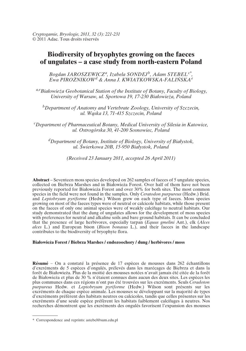 Biodiversity of Bryophytes Growing on the Faeces of Ungulates – a Case Study from North-Eastern Poland