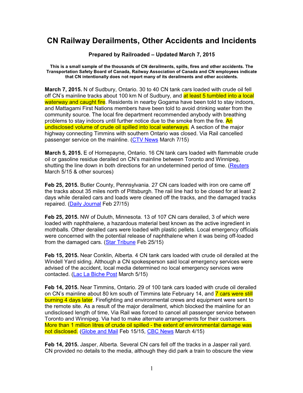 CN Railway Derailments, Other Accidents and Incidents