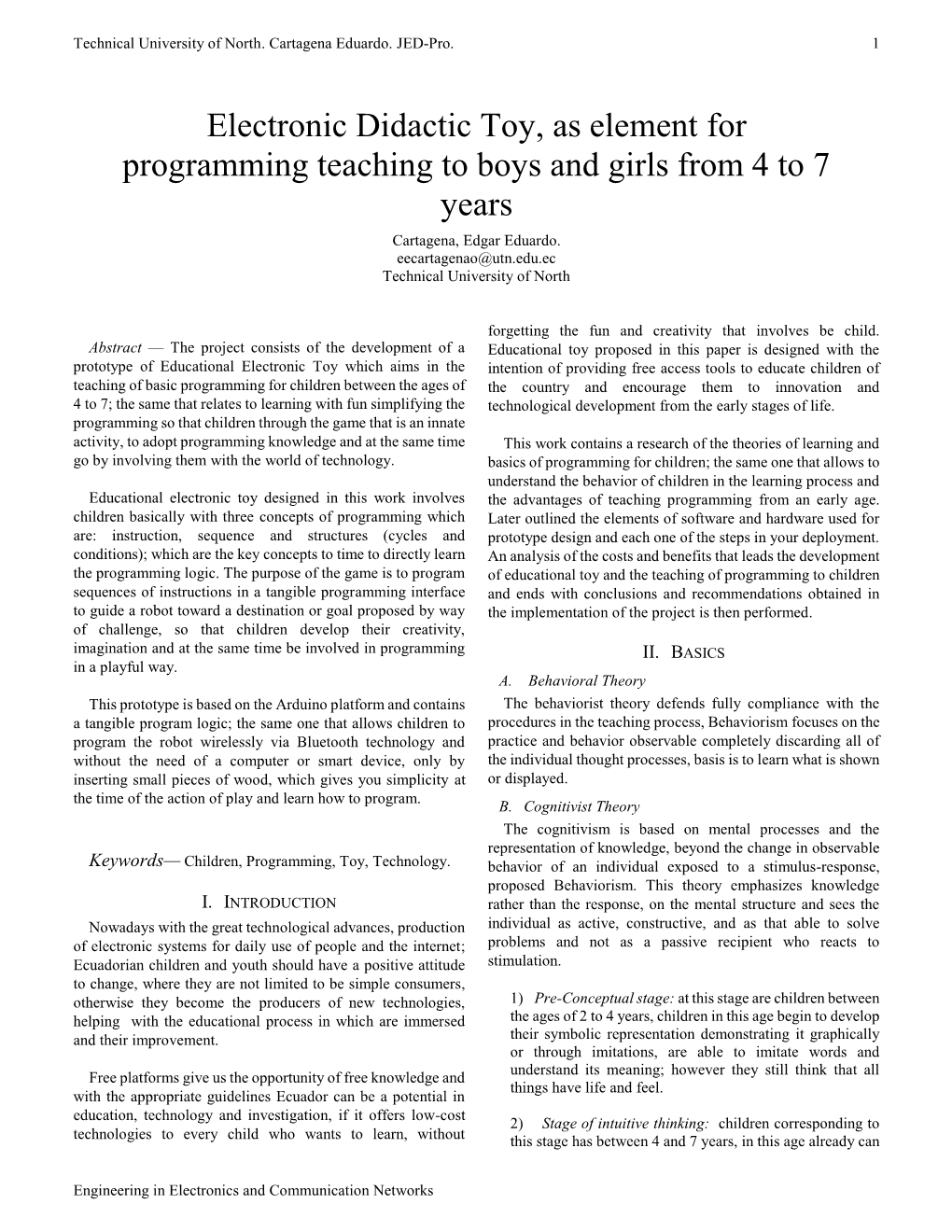 Electronic Didactic Toy, As Element for Programming Teaching to Boys and Girls from 4 to 7 Years Cartagena, Edgar Eduardo