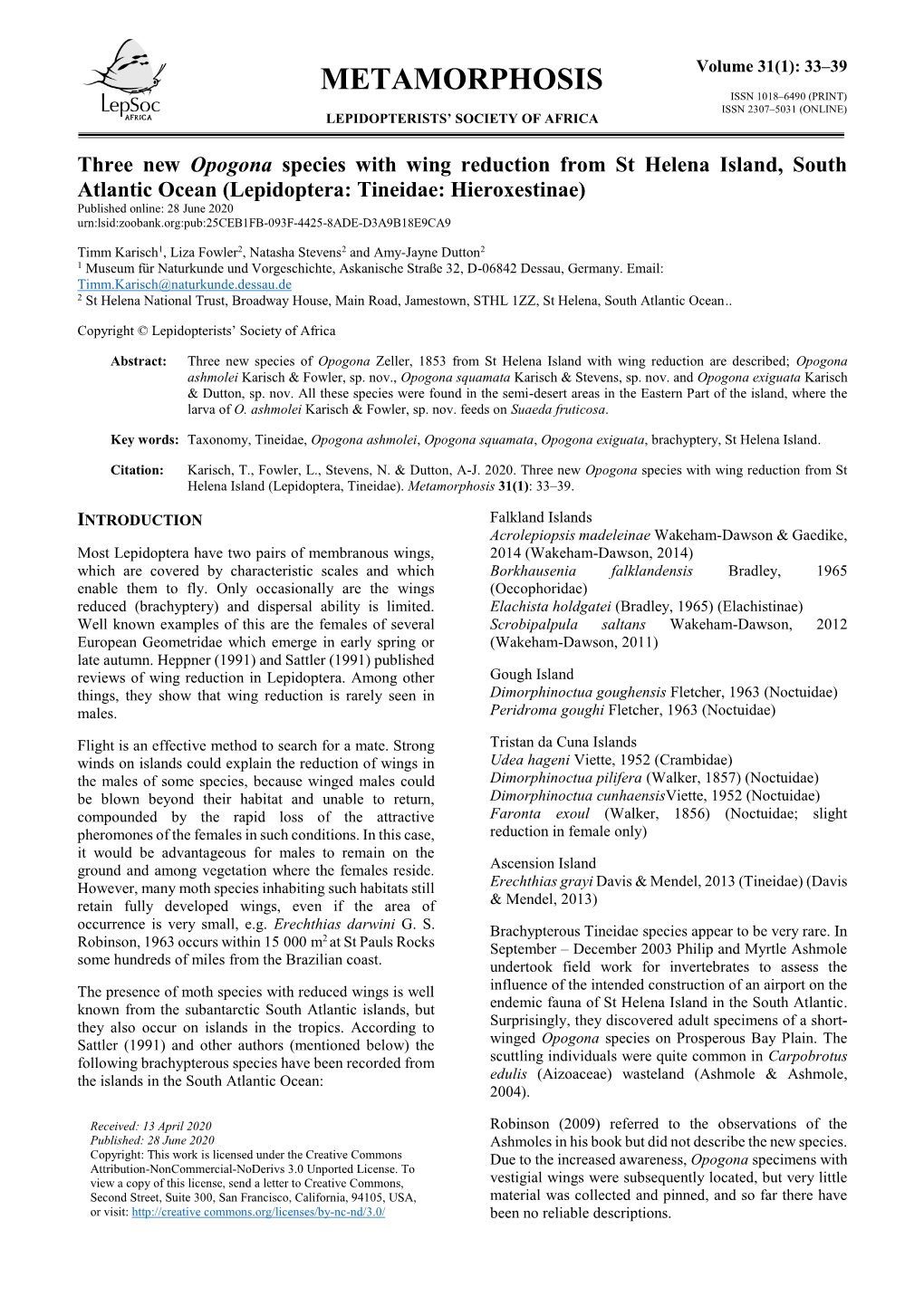 Metamorphosis Issn 1018–6490 (Print) Issn 2307–5031 (Online) Lepidopterists’ Society of Africa