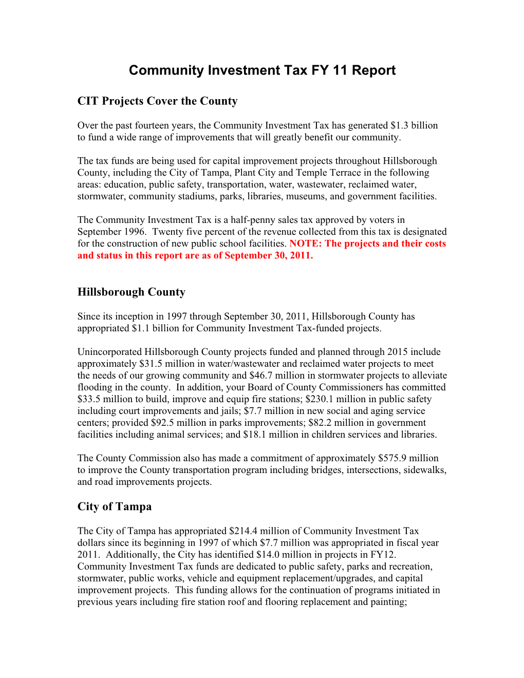 Community Investment Tax FY 11 Report