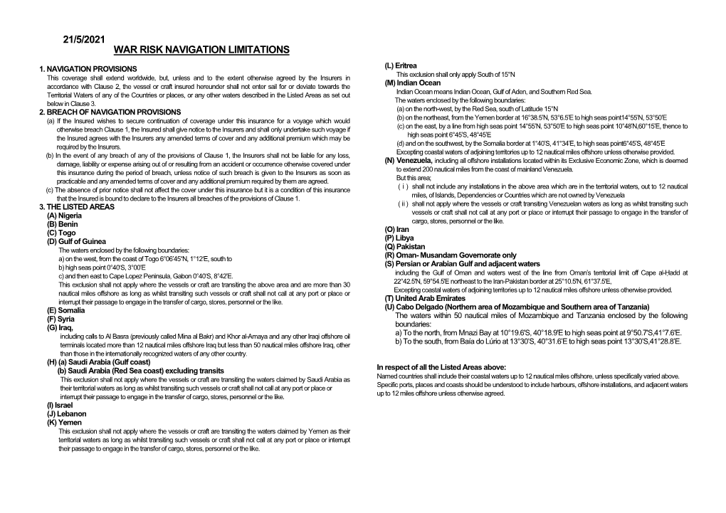 21/5/2021 War Risk Navigation Limitations