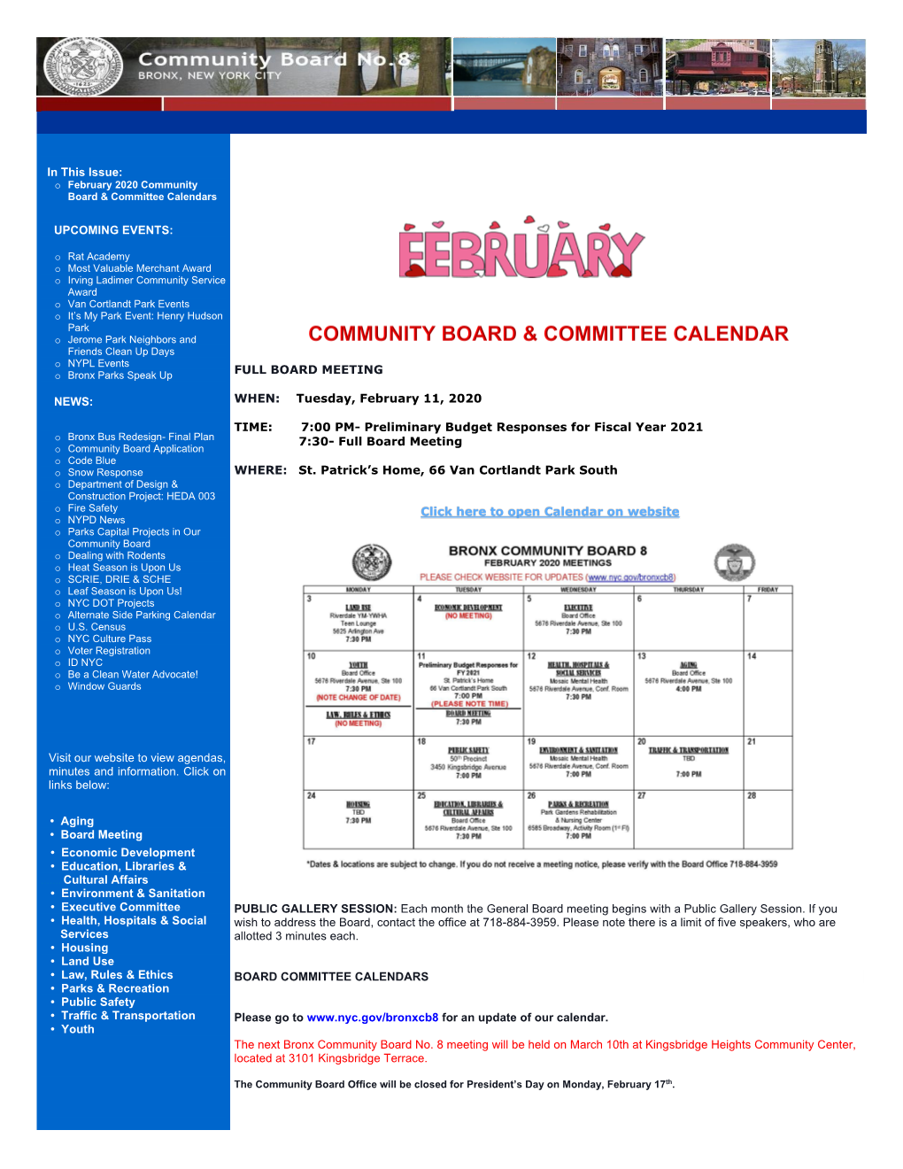 February 2020 Community Board & Committee Calendars