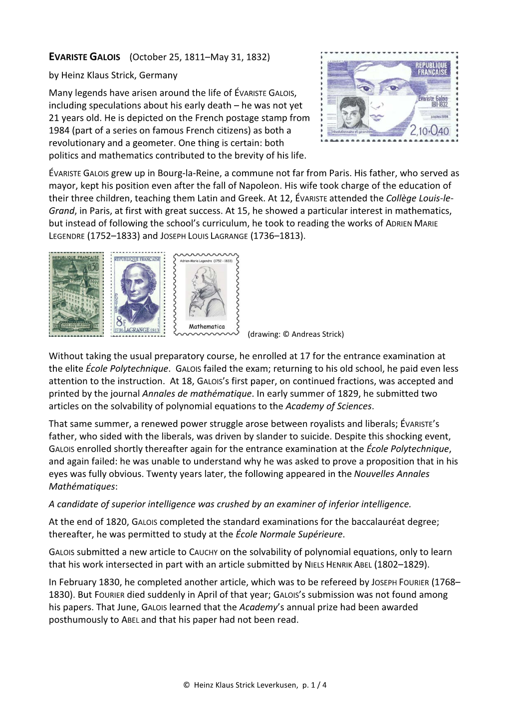 EVARISTE GALOIS (October 25, 1811–May 31, 1832) by Heinz Klaus Strick, Germany