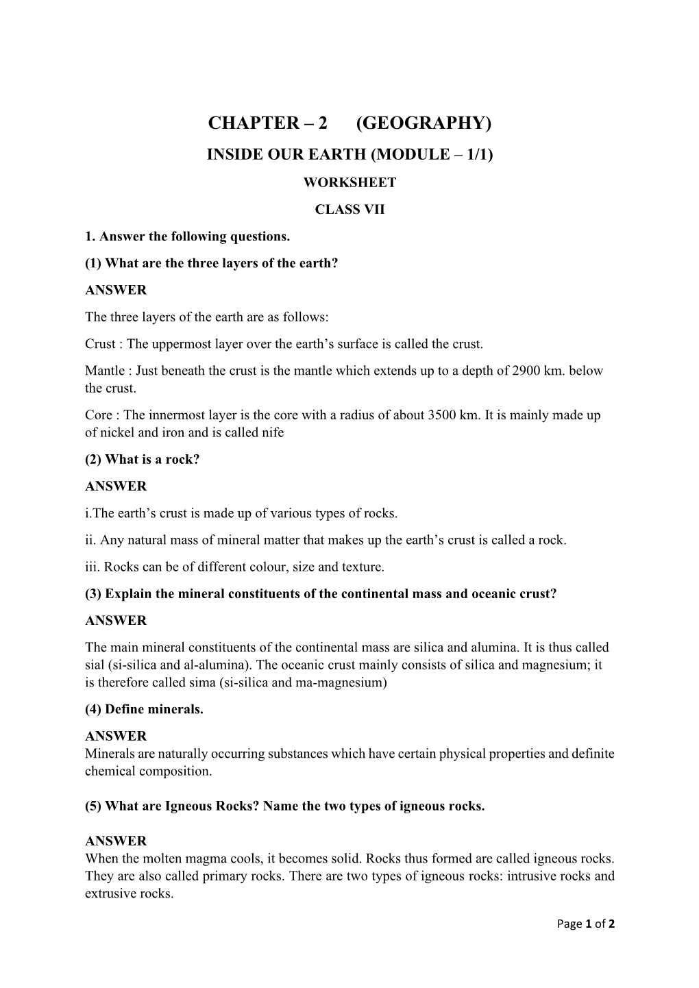 Geography) Inside Our Earth (Module – 1/1) Worksheet Class Vii 1