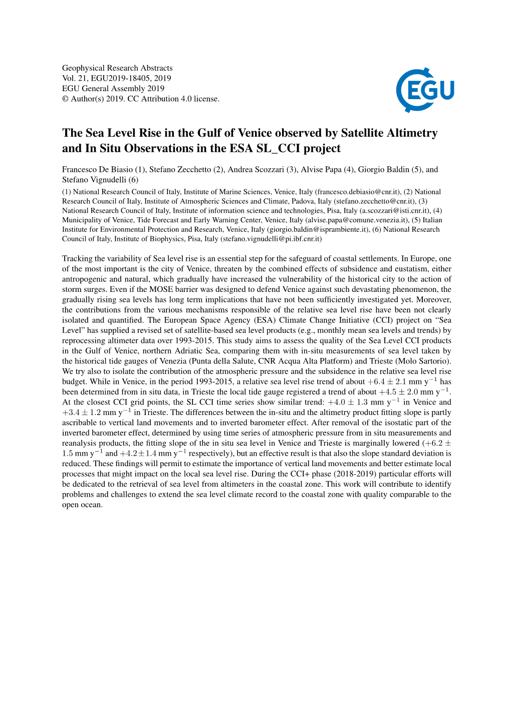 The Sea Level Rise in the Gulf of Venice Observed by Satellite Altimetry and in Situ Observations in the ESA SL CCI Project