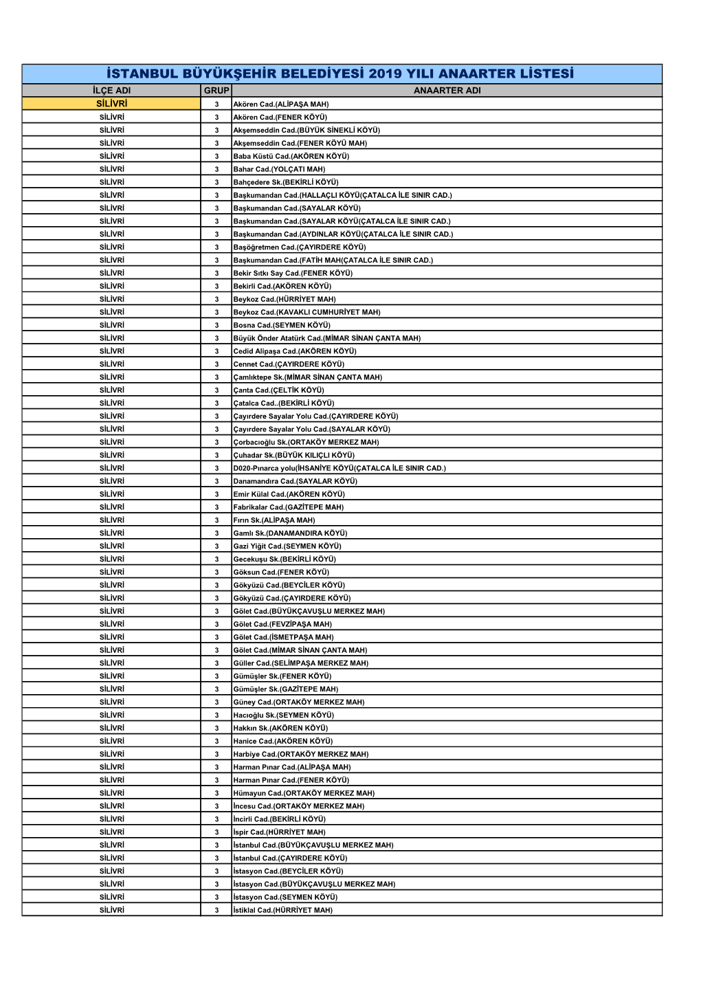 Istanbul Büyükşehir Belediyesi 2019 Yili Anaarter Listesi