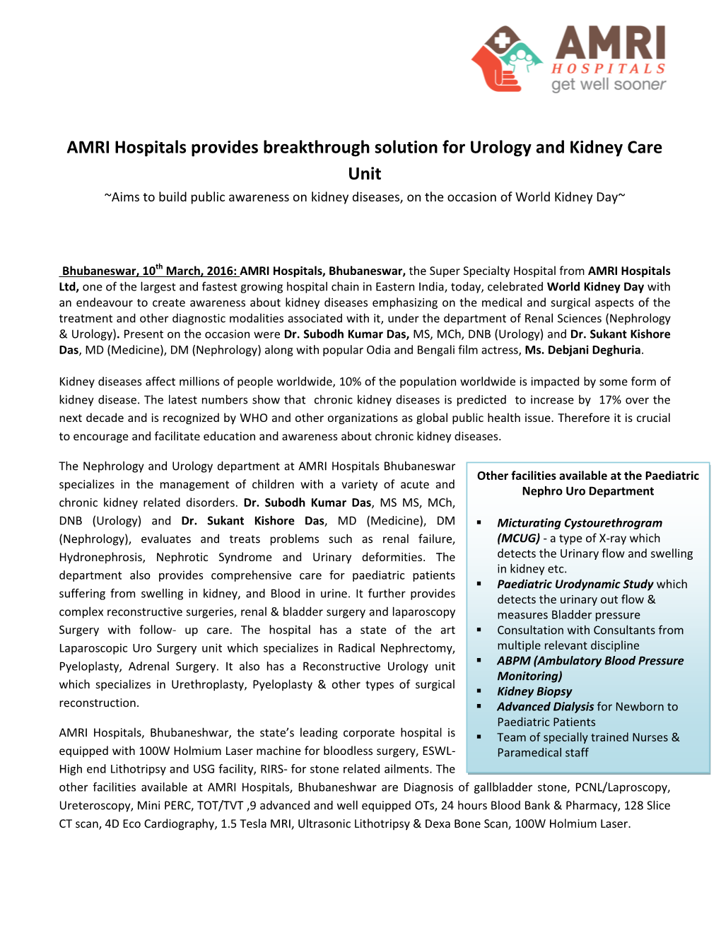 AMRI Hospitals Provides Breakthrough Solution for Urology