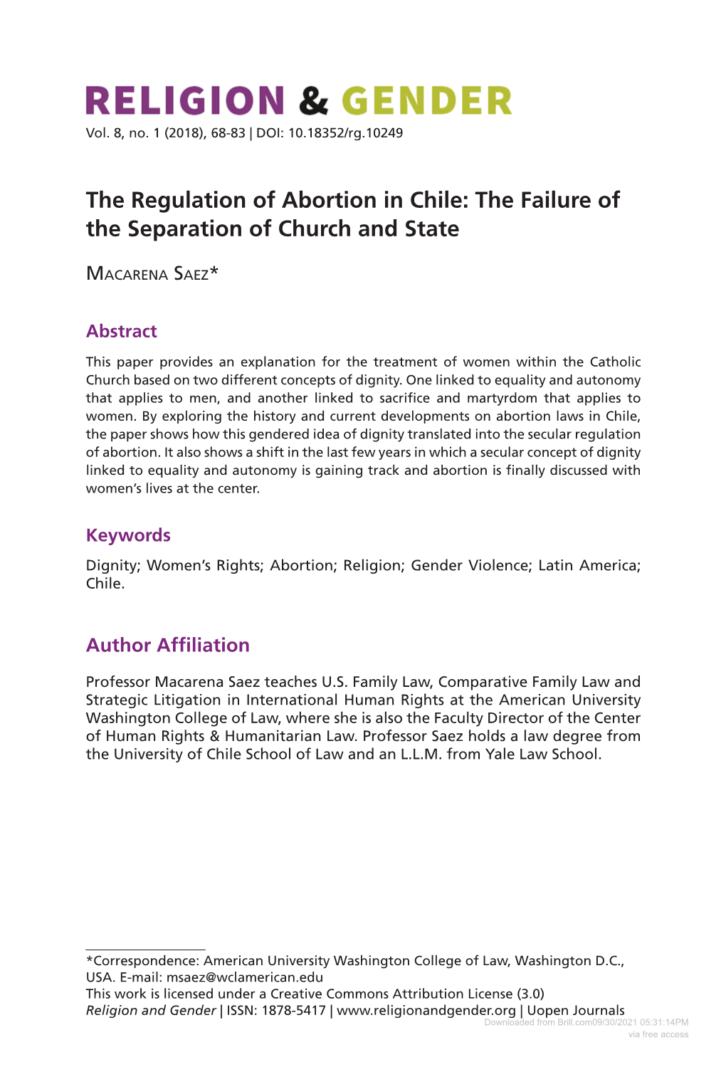 The Regulation of Abortion in Chile: the Failure of the Separation of Church and State