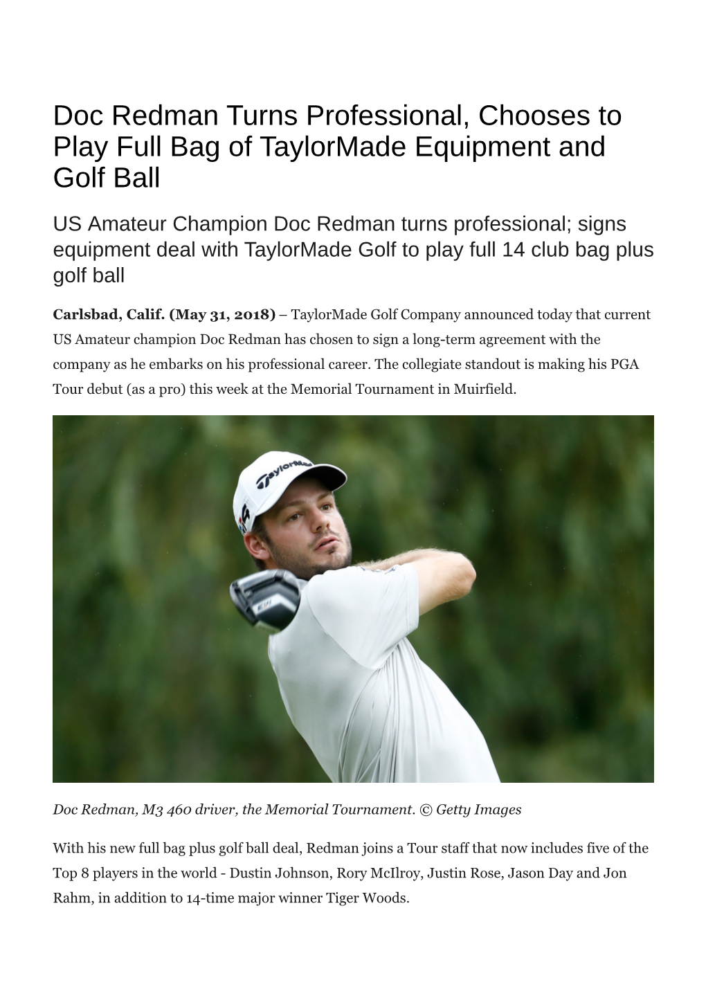 Doc Redman Turns Professional, Chooses to Play Full Bag of Taylormade Equipment and Golf Ball