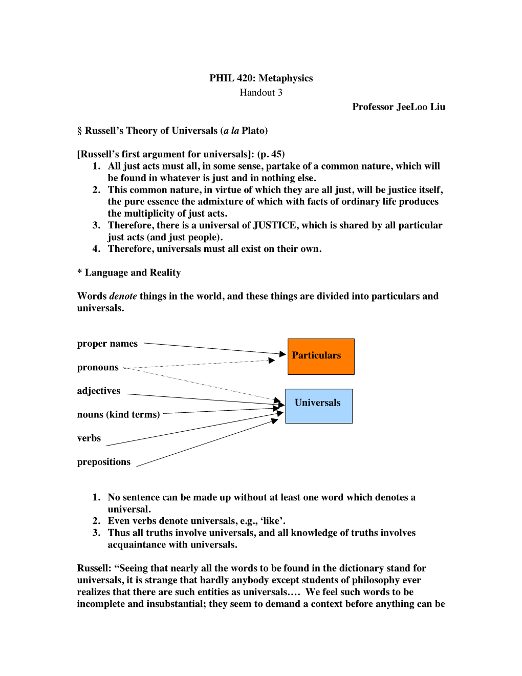 PHIL 420: Metaphysics Handout 3 Professor Jeeloo Liu § Russell's Theory of Universals (A La Plato) [Russell's First Argumen