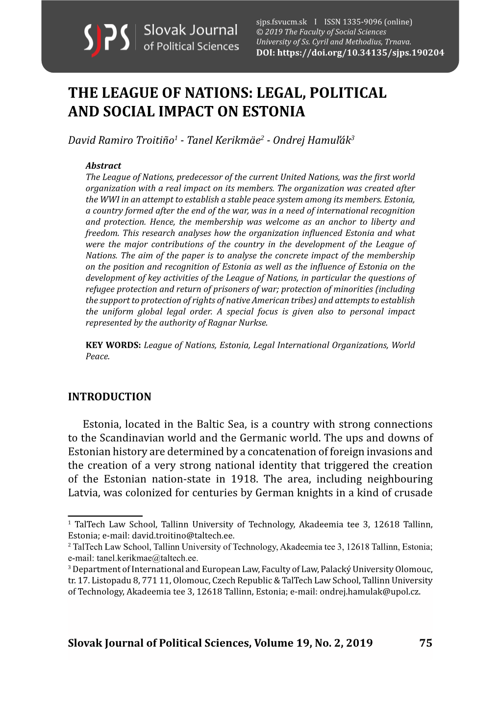 The League of Nations: Legal, Political and Social Impact on Estonia