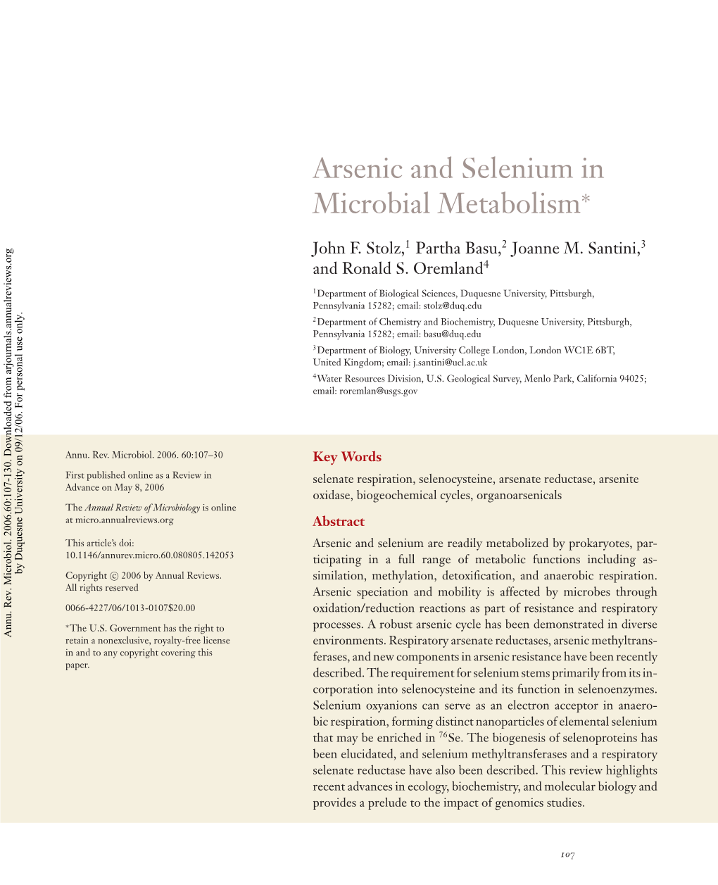 Arsenic and Selenium in Microbial Metabolism*