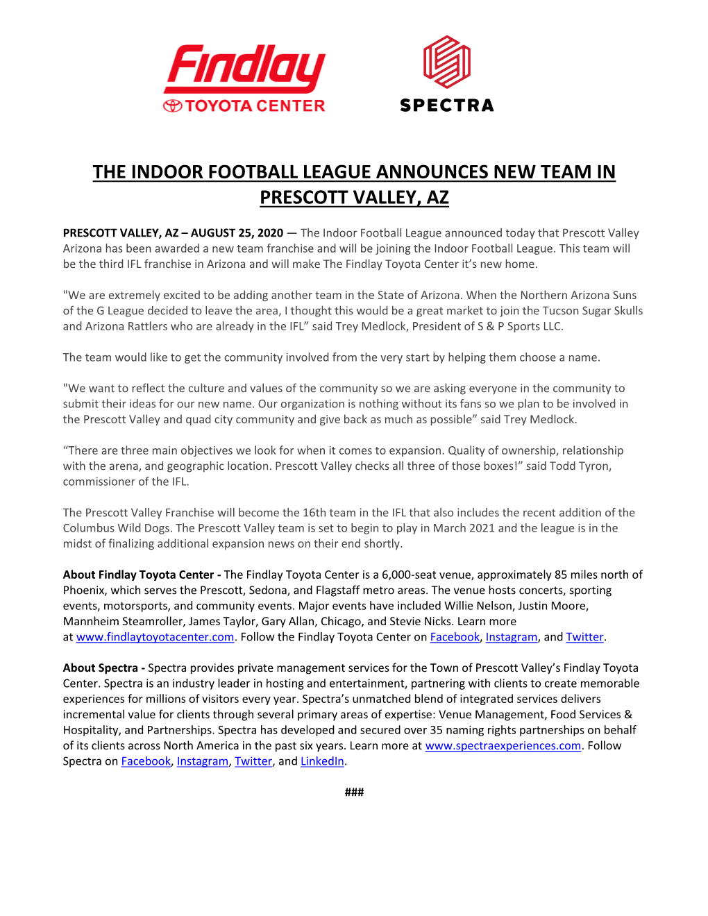 The Indoor Football League Announces New Team in Prescott Valley, Az