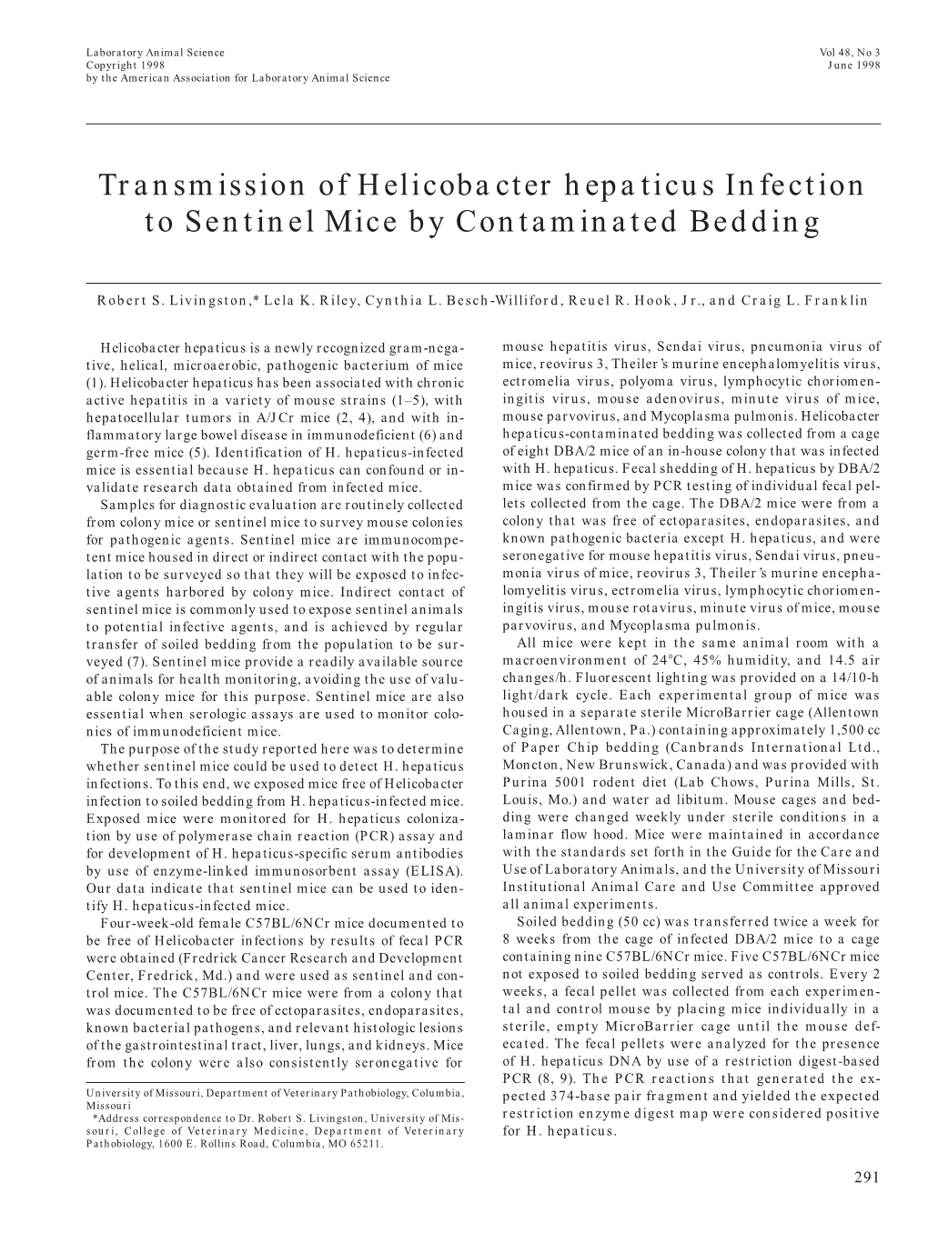 Infection to Sentinel Mice by Contaminated Bedding