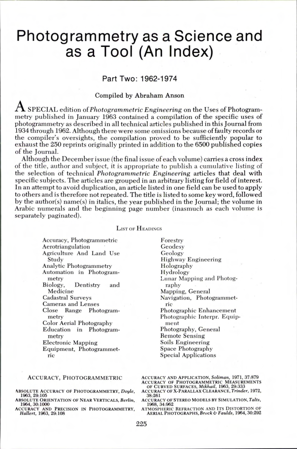 Photogrammetry As a Science and As a Tool (An Index)