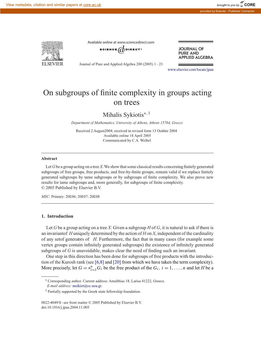 On Subgroups of Finite Complexity in Groups Acting on Trees