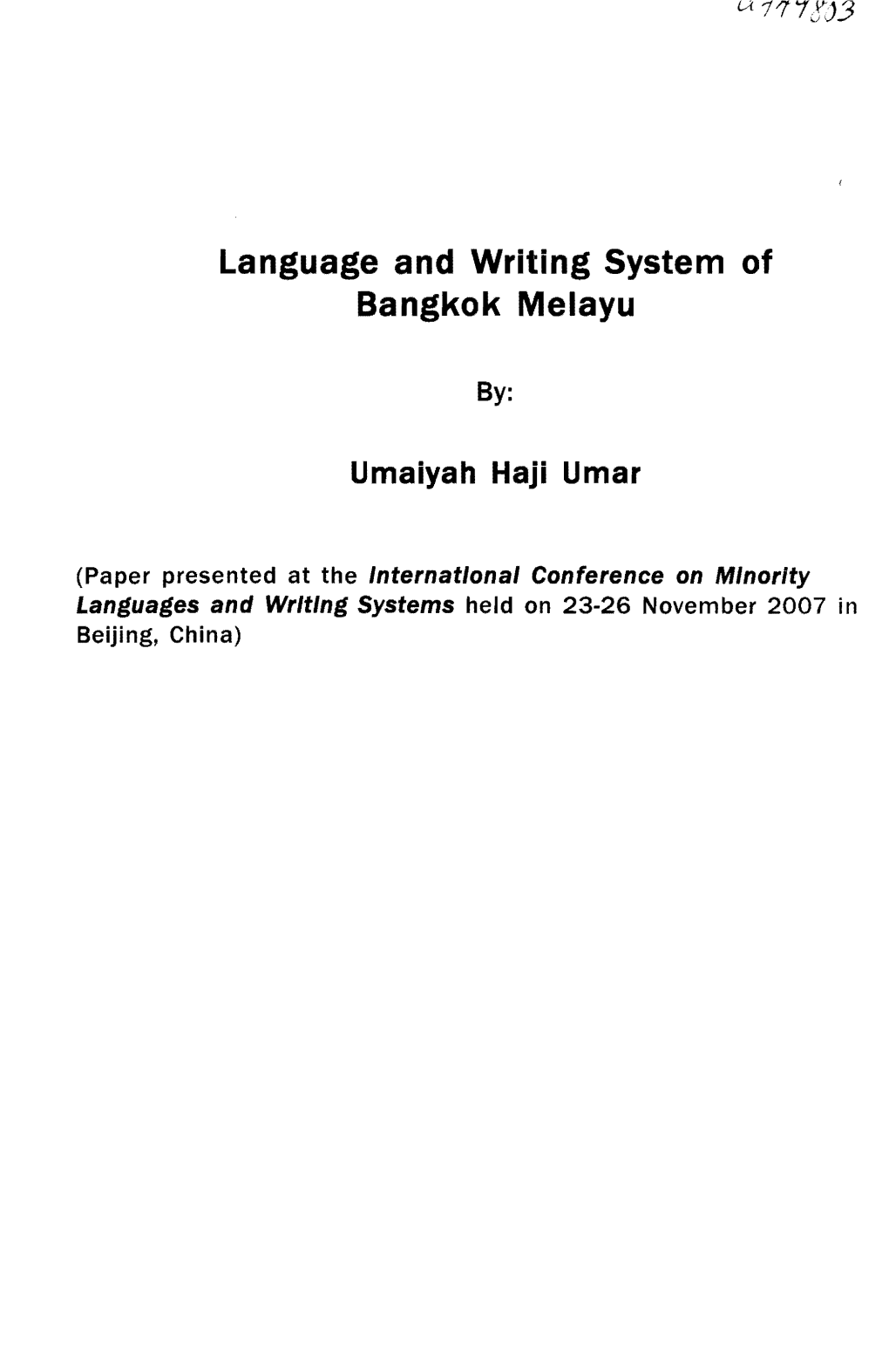 Language and Writing System of Bangkok Melayu