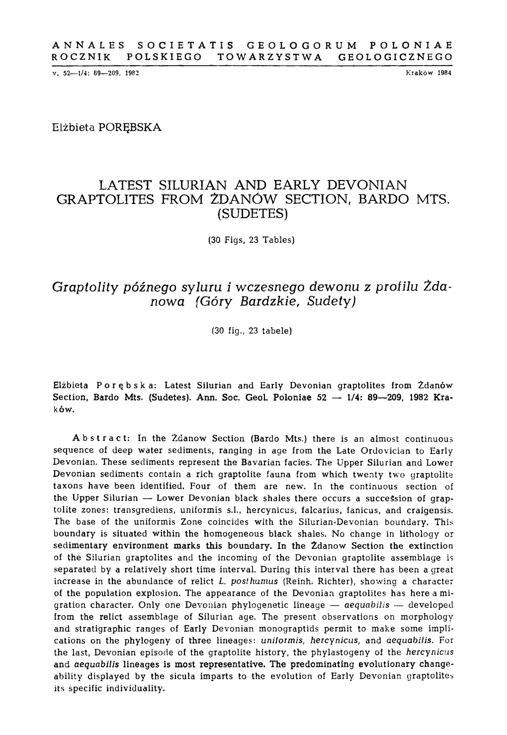 Latest Silurian and Early Devonian Graptolites from Zdanow Section, Bardo Mts