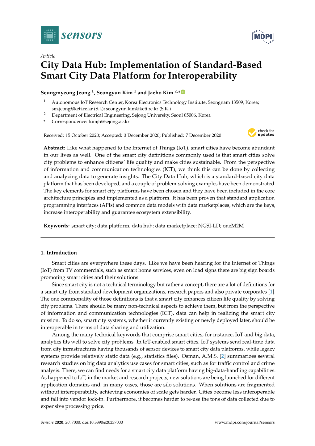 Implementation of Standard-Based Smart City Data Platform for Interoperability