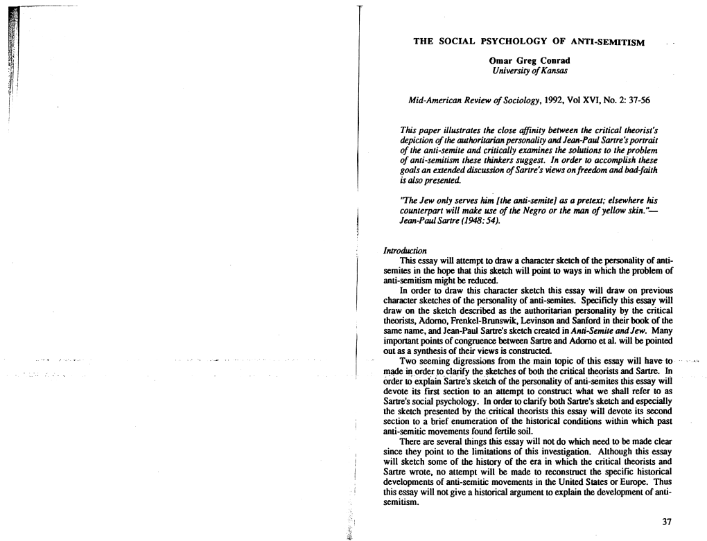 University Ofkansas Mid-American Review of Sociology, 1992, Vol XVI, No.2: 37-56 This Paper Illustrates the Close Affinity Betwe