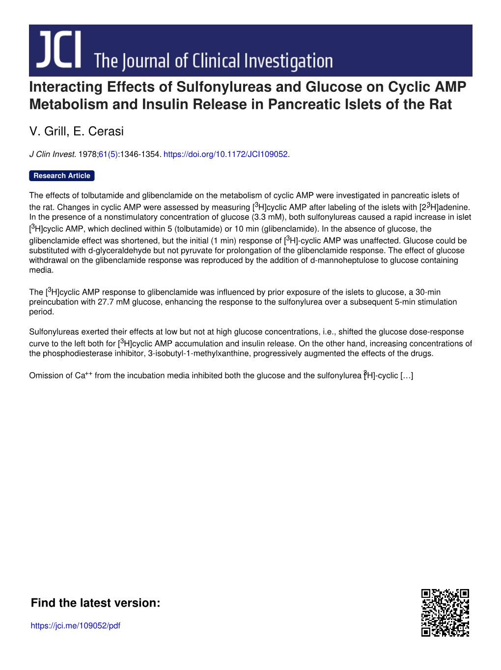 Interacting Effects of Sulfonylureas and Glucose on Cyclic AMP Metabolism and Insulin Release in Pancreatic Islets of the Rat