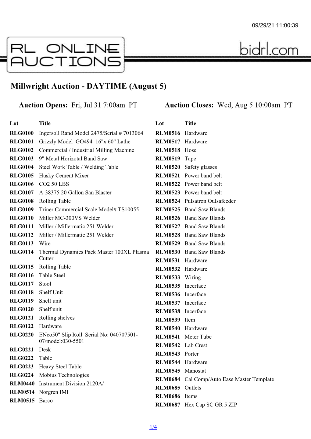 Millwright Auction - DAYTIME (August 5)