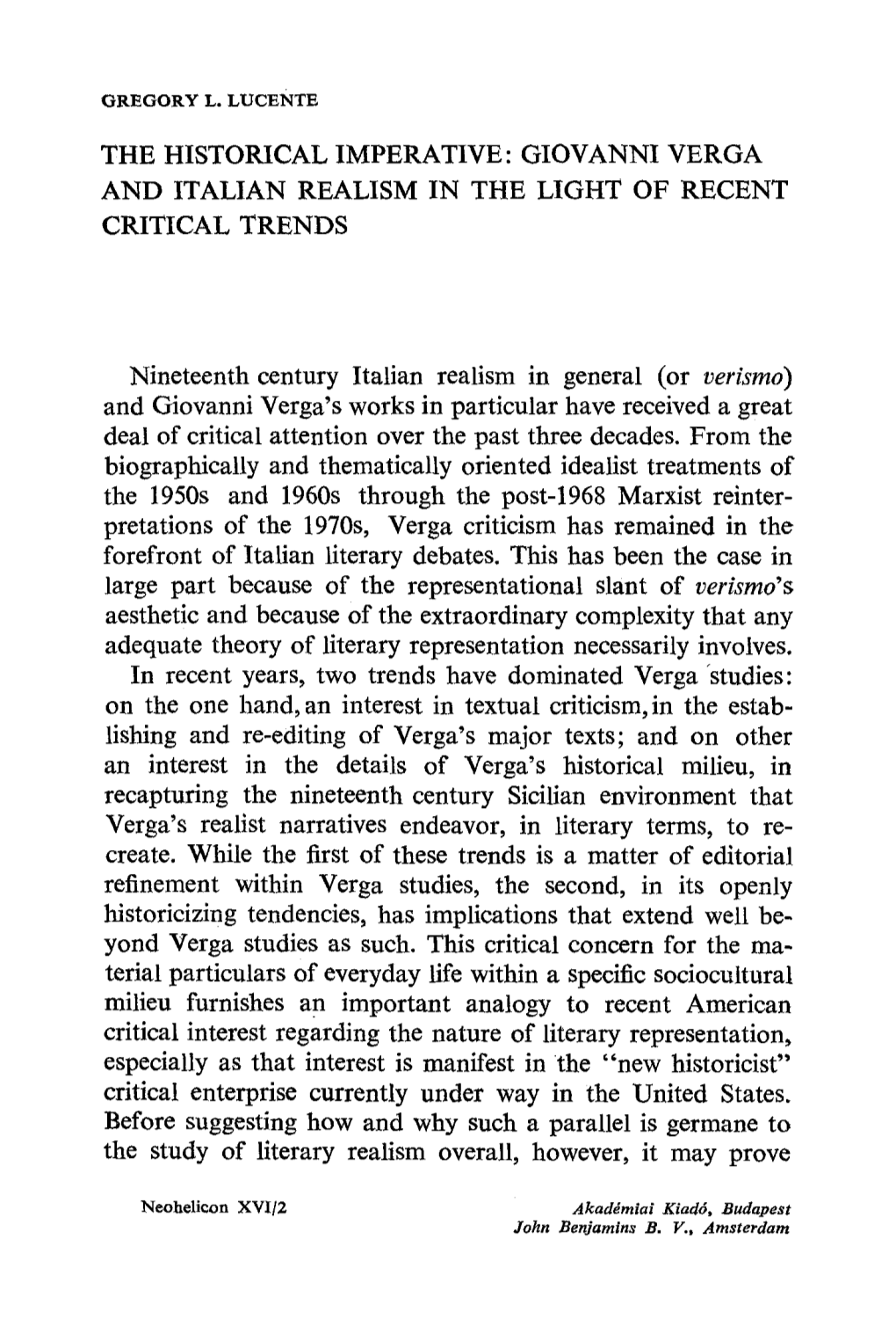 Giovanni Verga and Italian Realism in the Light of Recent Critical Trends