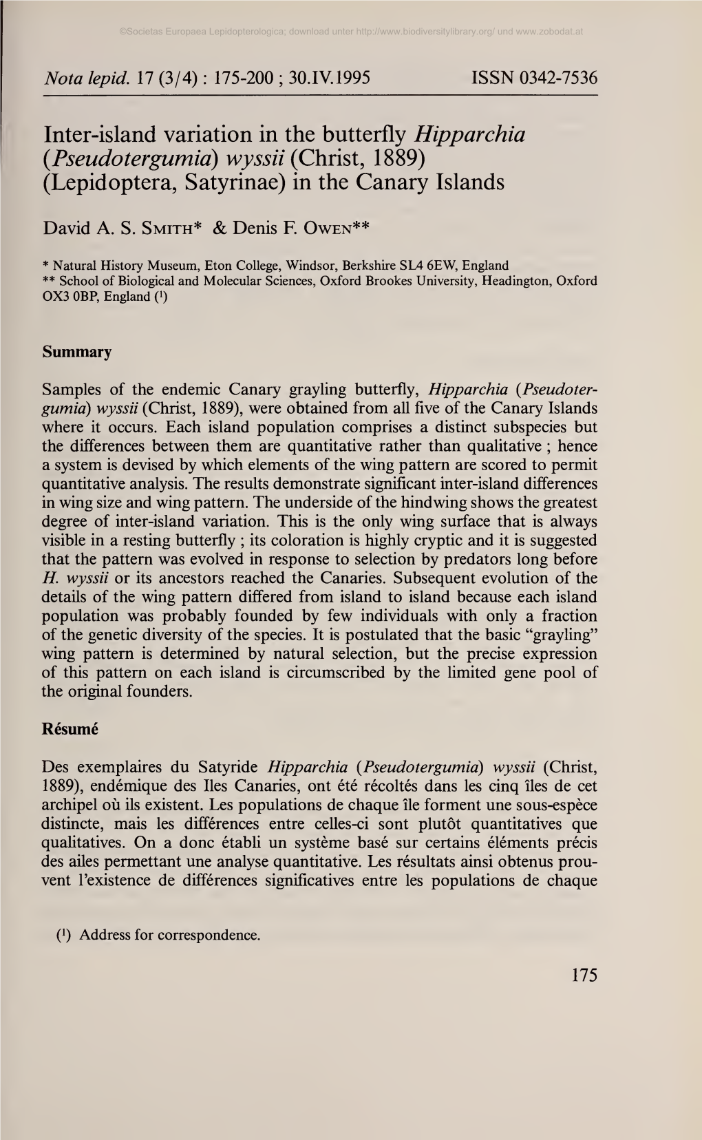 Inter-Island Variation in the Butterfly Hipparchia (Pseudotergumià) Wyssii (Christ, 1889) (Lepidoptera, Satyrinae) in the Canary Islands