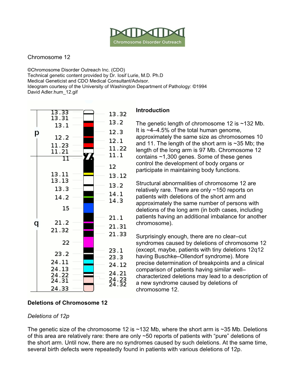 Chromosome 12 Introduction the Genetic Length of Chromosome 12 Is ~132 Mb. It Is ~4–4.5% of the Total Human Genome, Approximat