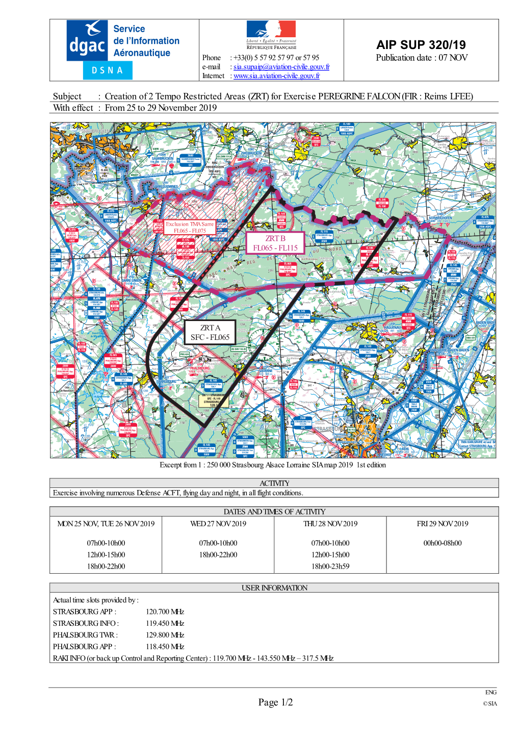 AIP SUP 320/19 Aéronautique Phone : +33(0) 5 57 92 57 97 Or 57 95 Publication Date : 07 NOV E-Mail : Sia.Supaip@Aviation-Civile.Gouv.Fr