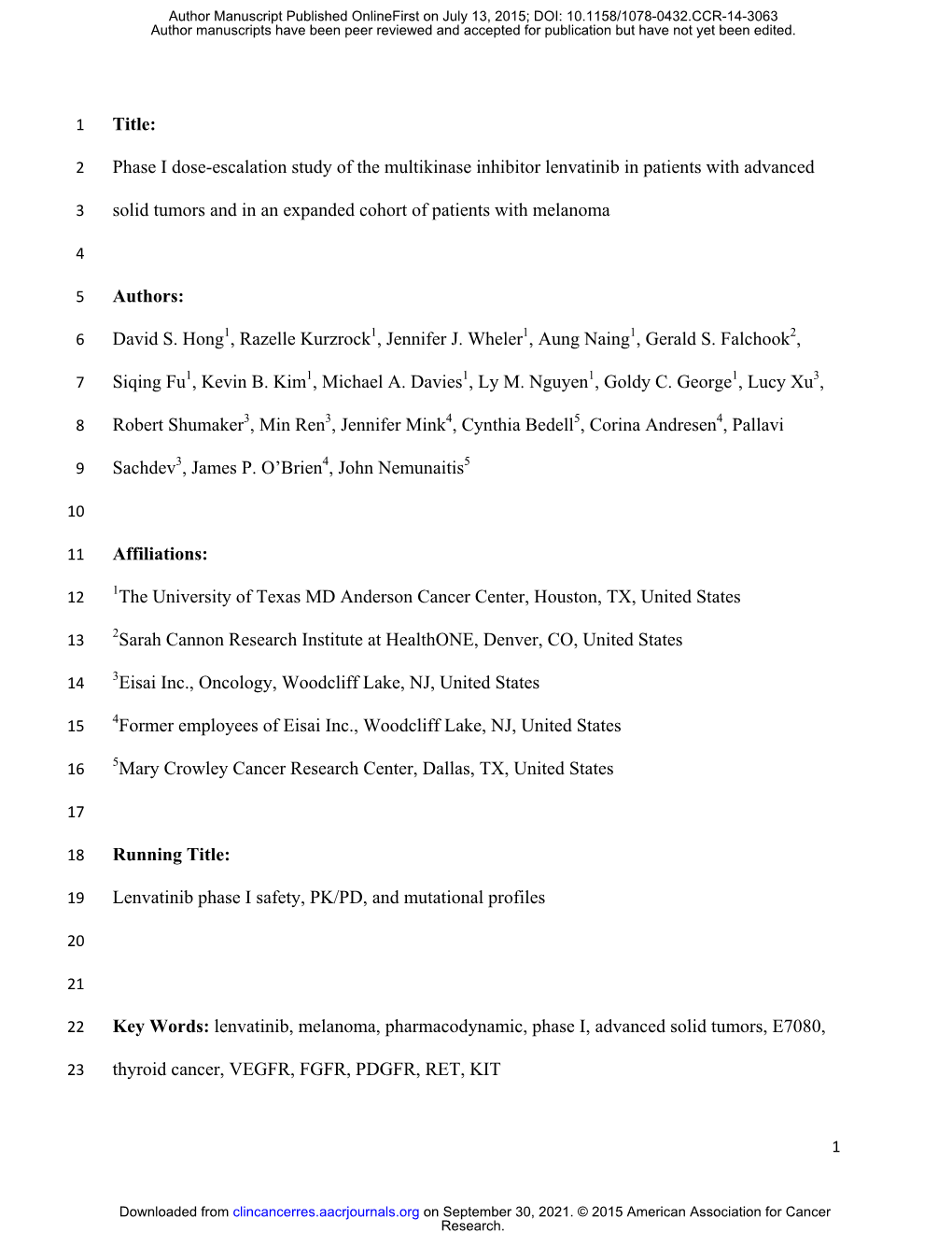 Phase I Dose-Escalation Study of the Multikinase Inhibitor Lenvatinib in Patients with Advanced Solid Tumors and in an Expanded Cohort of Patients with Melanoma