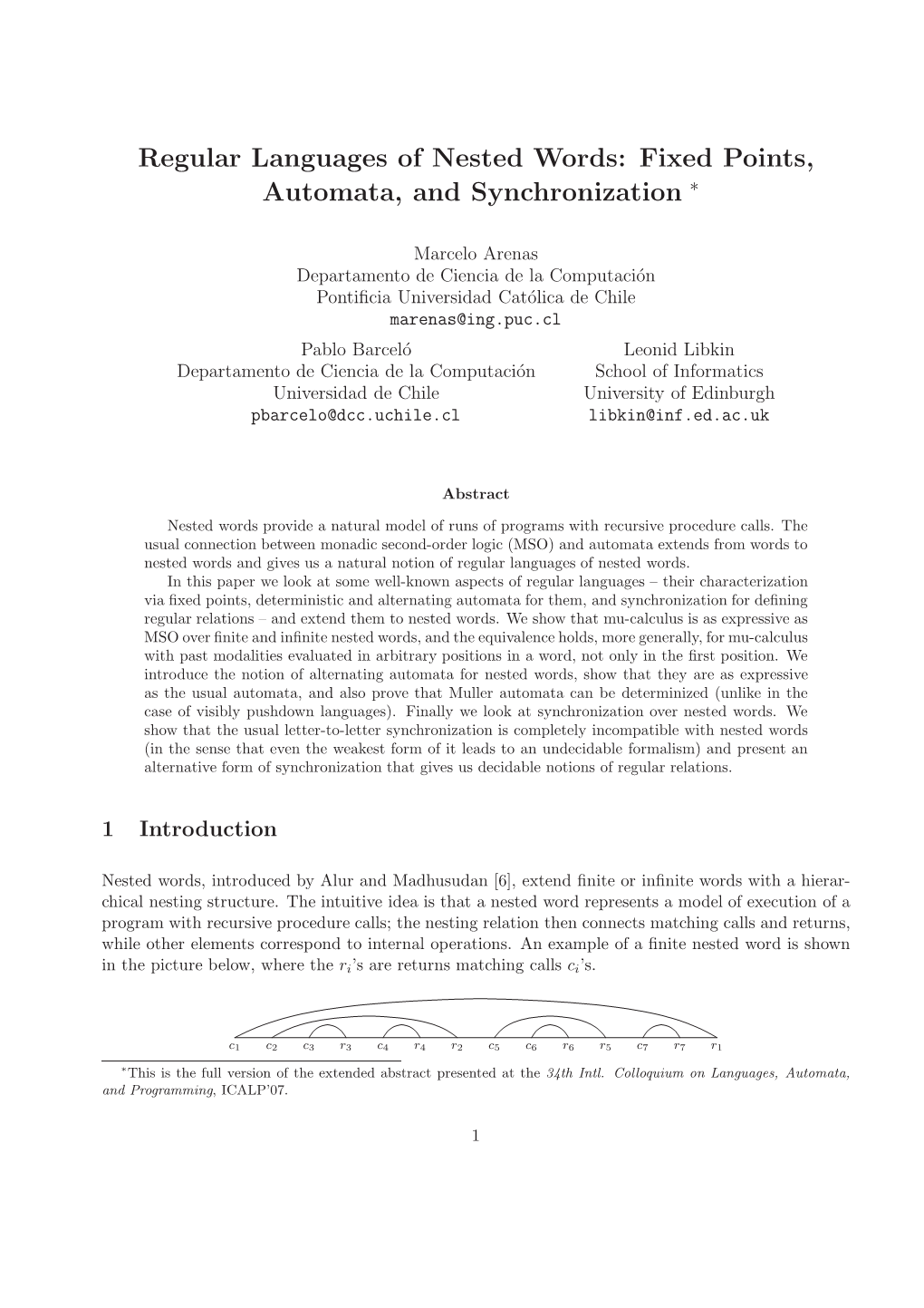 Regular Languages of Nested Words: Fixed Points, Automata, and Synchronization ∗