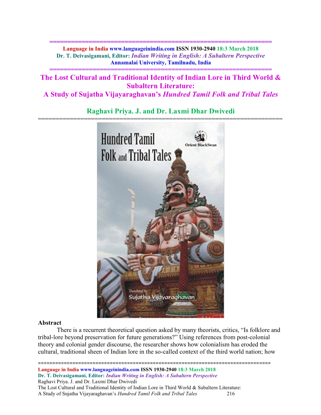 The Lost Cultural and Traditional Identity of Indian Lore in Third World & Subaltern Literature: a Study of Sujatha Vijayara