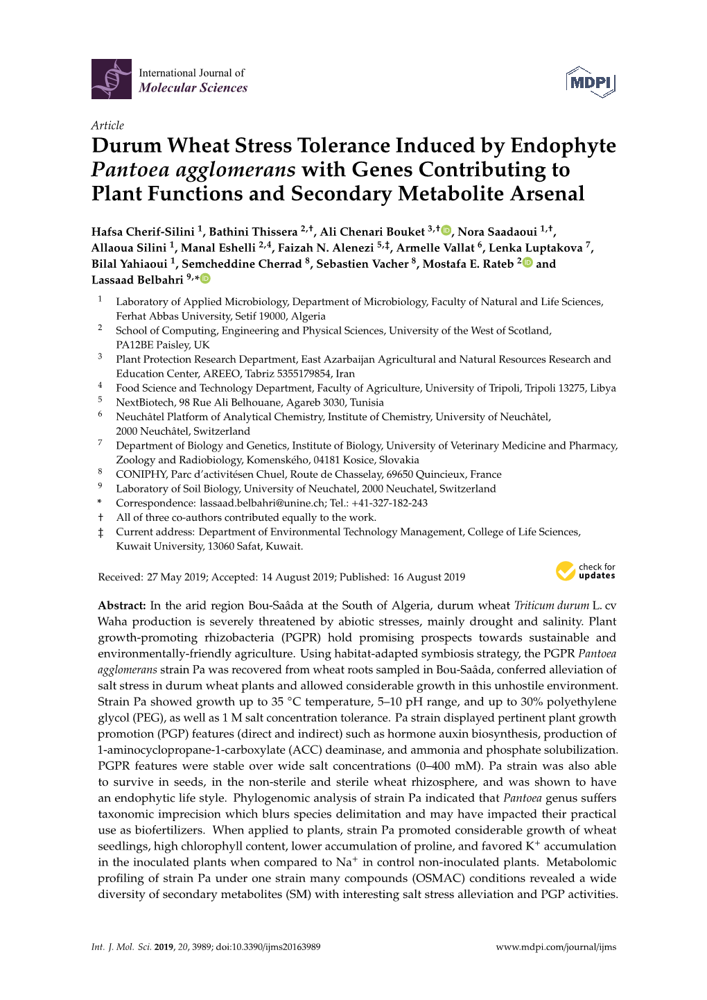 Durum Wheat Stress Tolerance Induced by Endophyte Pantoea Agglomerans with Genes Contributing to Plant Functions and Secondary Metabolite Arsenal