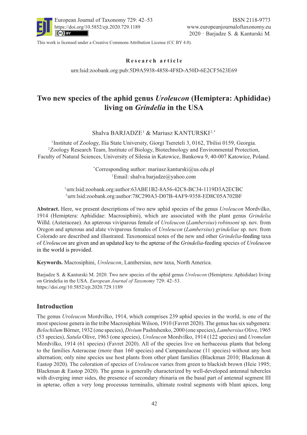 Two New Species of the Aphid Genus Uroleucon (Hemiptera: Aphididae) Living on Grindelia in the USA