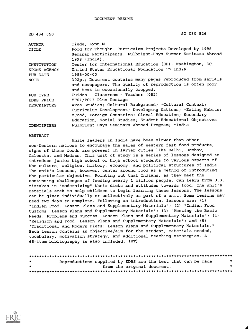 Food for Thought. Curriculum Projects Developed by 1998 Seminar Participants