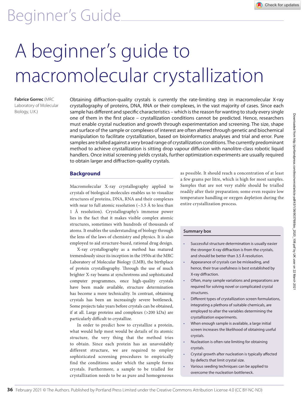 A Beginner's Guide to Macromolecular Crystallization