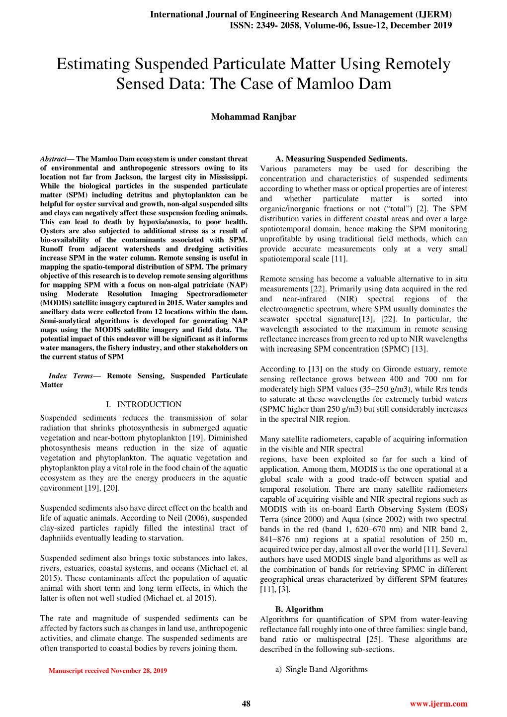 Estimating Suspended Particulate Matter Using Remotely Sensed Data: the Case of Mamloo Dam