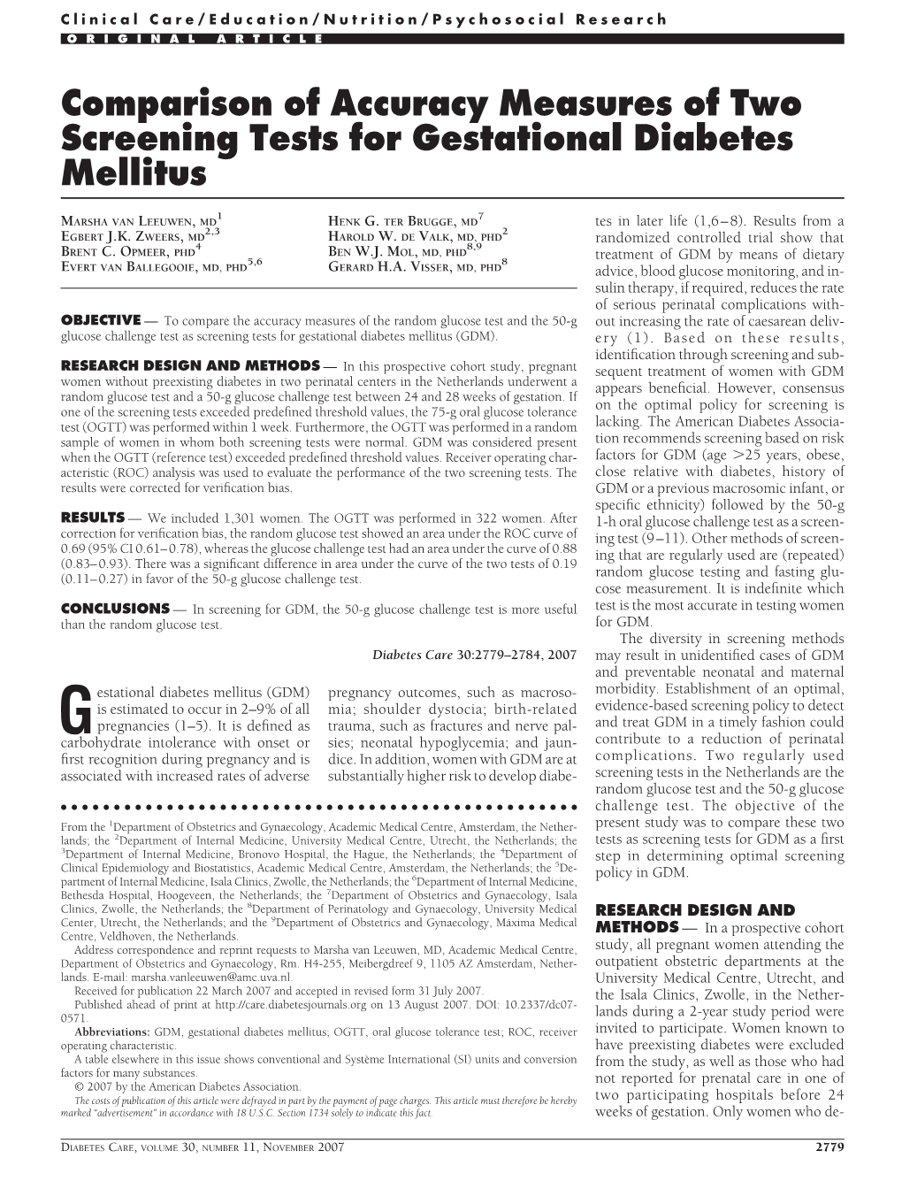 Comparison of Accuracy Measures of Two Screening Tests for Gestational Diabetes Mellitus