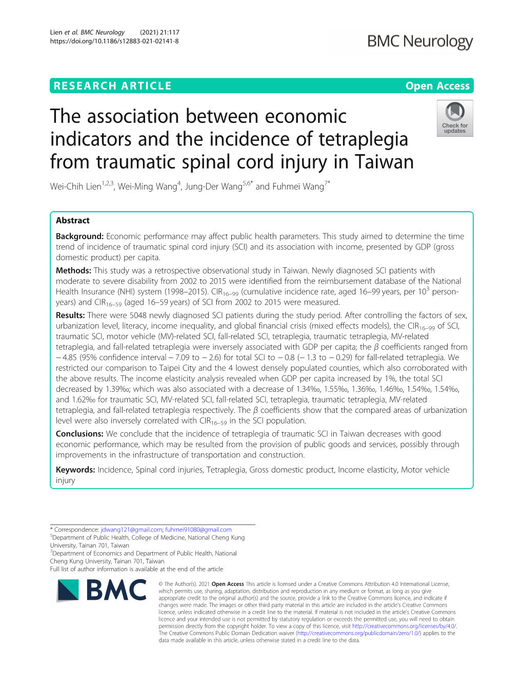 The Association Between Economic Indicators and the Incidence of Tetraplegia from Traumatic Spinal Cord Injury in Taiwan