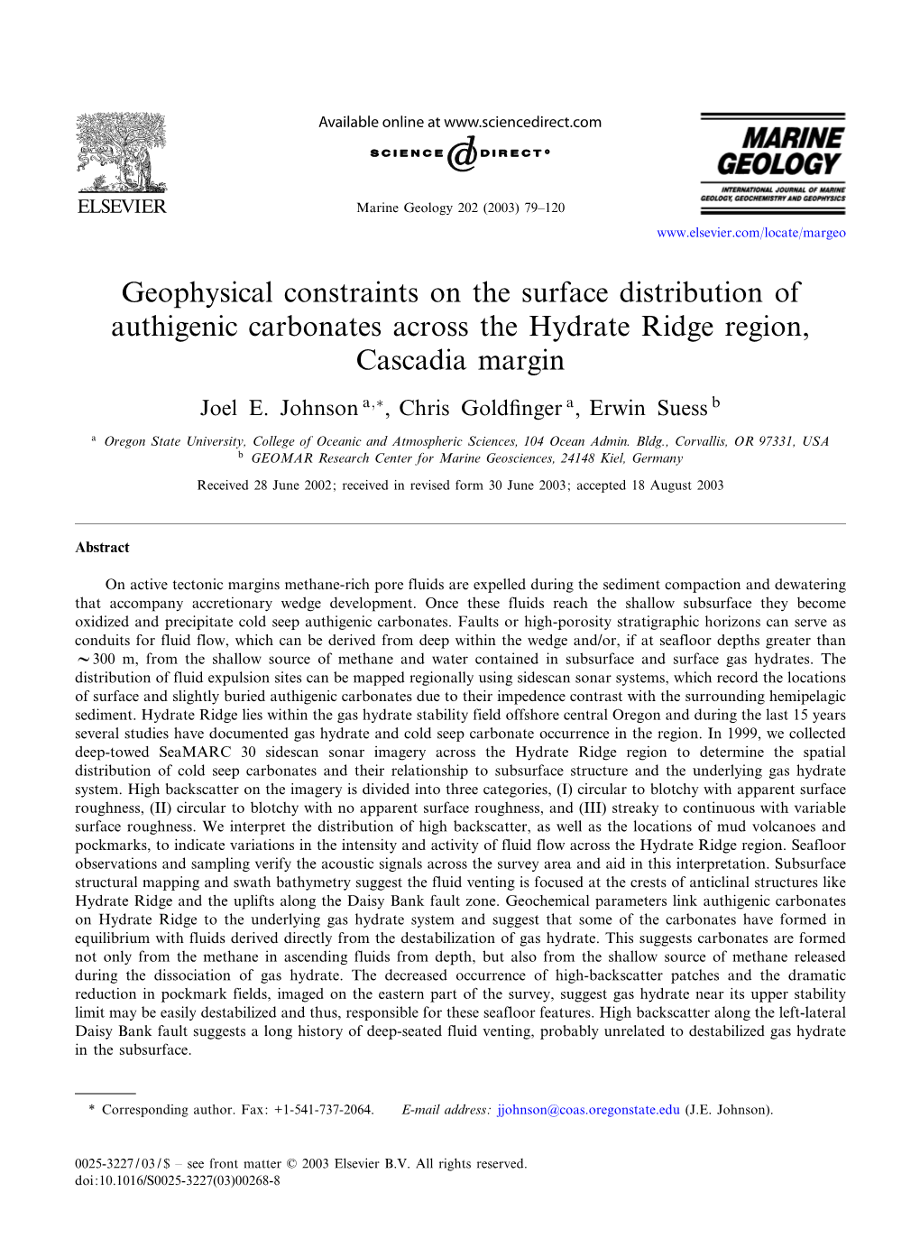 Geophysical Constraints on the Surface Distribution of Authigenic Carbonates Across the Hydrate Ridge Region, Cascadia Margin