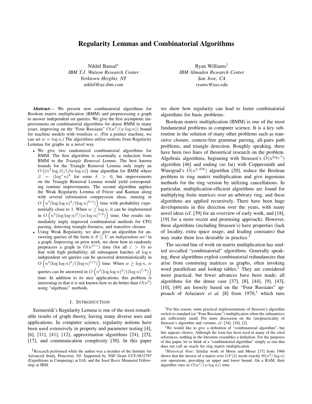 Regularity Lemmas and Combinatorial Algorithms